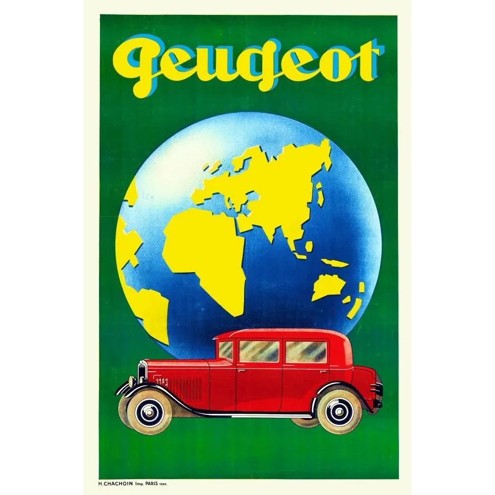 Affiche publicité Peugeot berline rouge globe terrestre bleu jaune fond vert Art Déco années 1930 Affiche publicité Peugeot berline rouge globe terrestre bleu jaune fond vert Art Déco années 1930
