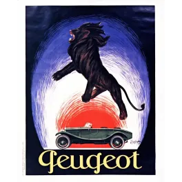 Affiche publicité Peugeot lion noir rugissant Cappiello torpédo vert Art Déco fond bleu rouge