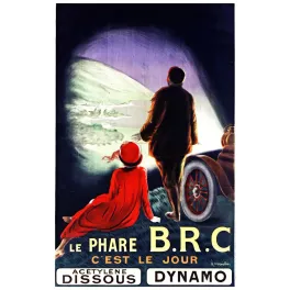 Affiche publicité phare B.R.C. couple nuit paysage illuminé acétylène dynamo voiture début XXe