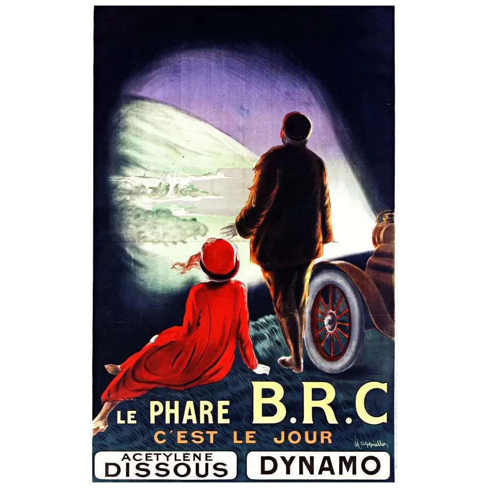 Affiche publicité phare B.R.C. couple nuit paysage illuminé acétylène dynamo voiture début XXe