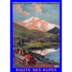 Affiche PLM Route des Alpes Col de Vars 2115m René Péan torpédo rouge lac montagne bivouac soldats