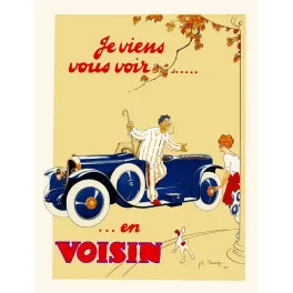 Affiche publicité Voisin automobile cabriolet bleu nuit Geo Bridge 1922 visite élégante fox-terrier Art Déco