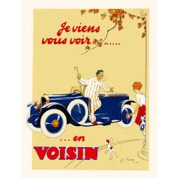 Affiche publicité Voisin automobile cabriolet bleu nuit Geo Bridge 1922 visite élégante fox-terrier Art Déco