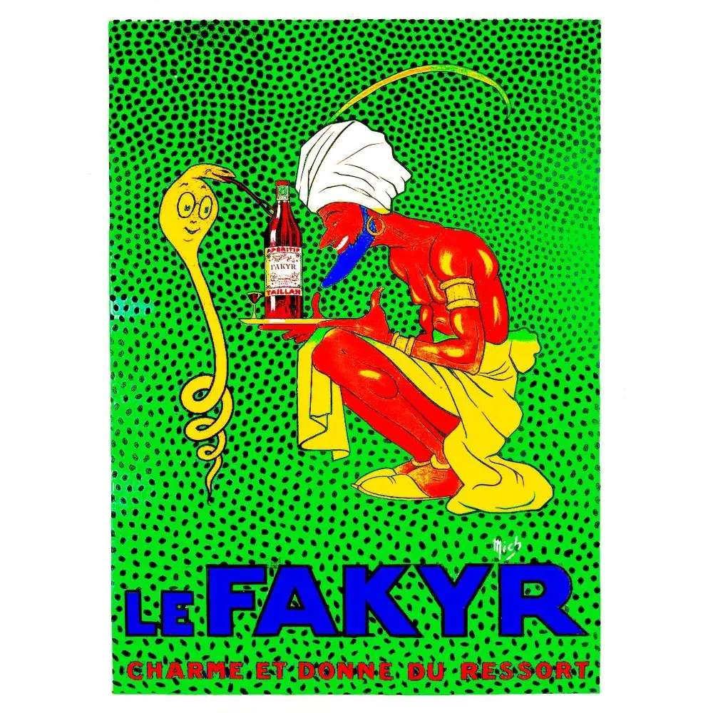 Affiche publicité apéritif Le Fakyr Taillan fakir rouge cobra jaune fond vert pointilliste signé Mich Affiche publicité apéritif Le Fakyr Taillan fakir rouge cobra jaune fond vert pointilliste signé Mich