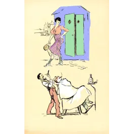 Double illustration SEM caricature plage baigneuse cabine rayée barbier fauteuil bourgeoisie Belle Époque