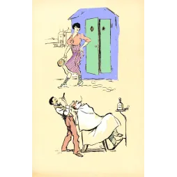 Double illustration SEM caricature plage baigneuse cabine rayée barbier fauteuil bourgeoisie Belle Époque