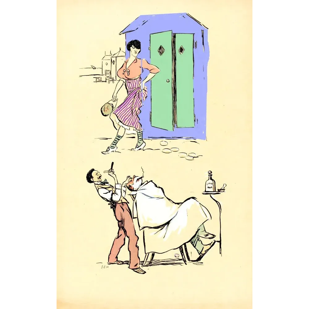 Double illustration SEM caricature plage baigneuse cabine rayée barbier fauteuil bourgeoisie Belle Époque Double illustration SEM caricature plage baigneuse cabine rayée barbier fauteuil bourgeoisie Belle Époque
