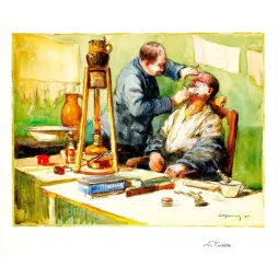 Aquarelle La Toilette E. Monsinon 1916 barbier rasage lampe cuivre nature morte blouse bleue