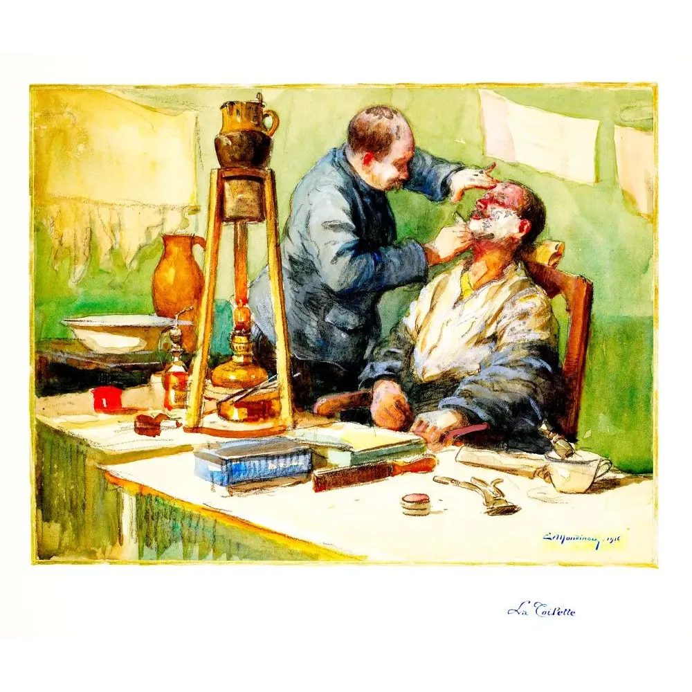 Aquarelle La Toilette E. Monsinon 1916 barbier rasage lampe cuivre nature morte blouse bleue Aquarelle La Toilette E. Monsinon 1916 barbier rasage lampe cuivre nature morte blouse bleue
