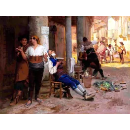 Peinture Jean-Georges Vibert 1868 barbier espagnol plein air village arcades rasage scène académique