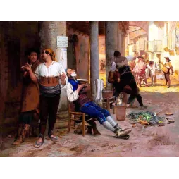 Peinture Jean-Georges Vibert 1868 barbier espagnol plein air village arcades rasage scène académique