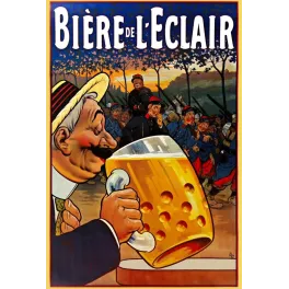 Affiche publicité Bière de l'Éclair Opé cuisinier militaire chope géante soldats français képis crépuscule
