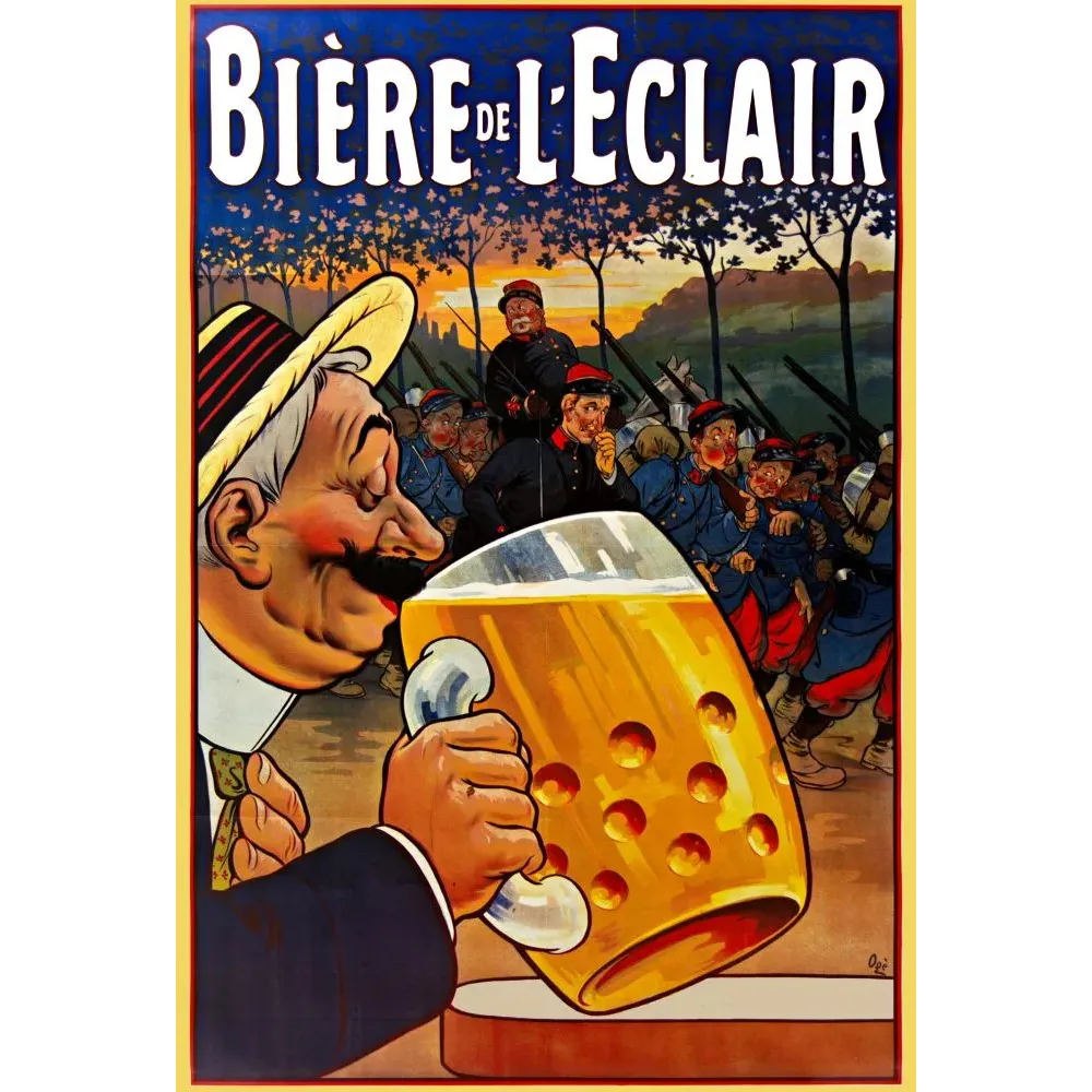 Affiche publicité Bière de l'Éclair Opé cuisinier militaire chope géante soldats français képis crépuscule Affiche publicité Bière de l'Éclair Opé cuisinier militaire chope géante soldats français képis crépuscule
