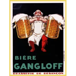Affiche publicité Bière Gangloff Brasserie Besançon serveur deux chopes géantes fond noir Vercasson Paris