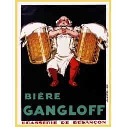 Affiche publicité Bière Gangloff Brasserie Besançon serveur deux chopes géantes fond noir Vercasson Paris