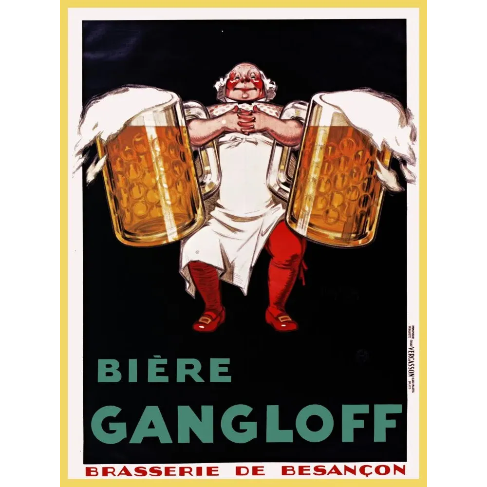 Affiche publicité Bière Gangloff Brasserie Besançon serveur deux chopes géantes fond noir Vercasson Paris Affiche publicité Bière Gangloff Brasserie Besançon serveur deux chopes géantes fond noir Vercasson Paris