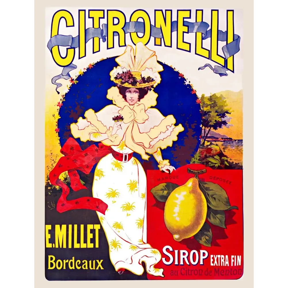 Affiche publicité Citronelli sirop citron Menton E. Millet Bordeaux femme élégante robe blanche Art Nouveau Affiche publicité Citronelli sirop citron Menton E. Millet Bordeaux femme élégante robe blanche Art Nouveau