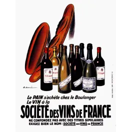 Affiche Société des Vins de France Barrère 1932 baguette bouteilles Saint-Émilion Graves Champagne Saint-Estèphe