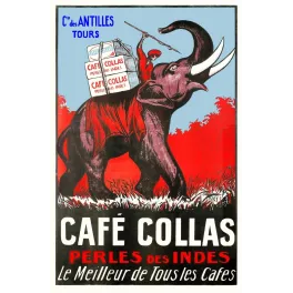 Affiche Café Collas Perles des Indes éléphant gris cornac rouge paquets café Compagnie Antilles Tours