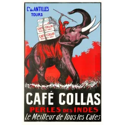 Affiche Café Collas Perles des Indes éléphant gris cornac rouge paquets café Compagnie Antilles Tours