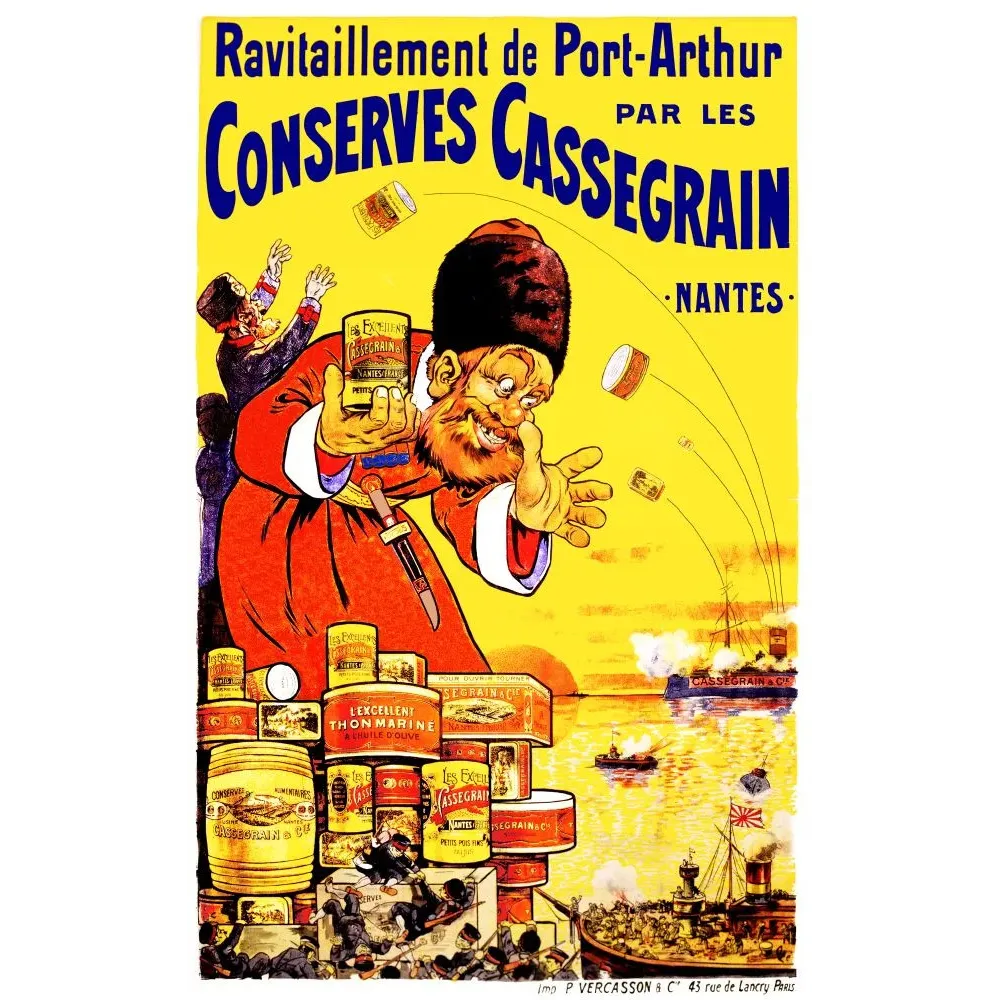 Affiche Cassegrain Nantes conserves Port-Arthur cosaque géant boîtes thon petits pois flotte japonaise guerre russo-japonaise Affiche Cassegrain Nantes conserves Port-Arthur cosaque géant boîtes thon petits pois flotte japonaise guerre russo-japonaise