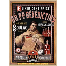 Affiche Élixir Dentifrice Bénédictins Abbaye Soulac Gironde moine bure or Dom Maguelonne Seguin Bordeaux