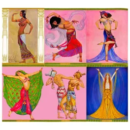 Planche Art Déco six danseuses orientales antiques prêtresse égyptienne Hourie Bacchus Alexandrie Chryséis Galilée