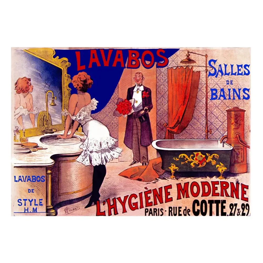 Affiche publicité L'Hygiène Moderne lavabos salles de bains Choubrac Paris rue de Cotte femme miroir baignoire Affiche publicité L'Hygiène Moderne lavabos salles de bains Choubrac Paris rue de Cotte femme miroir baignoire