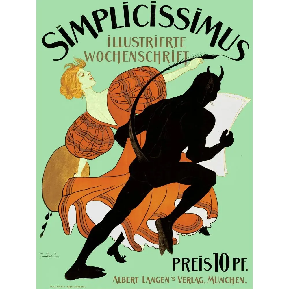 Affiche Simplicissimus Thomas Theodor Heine femme rousse diable noir journal satirique Munich Jugendstil Affiche Simplicissimus Thomas Theodor Heine femme rousse diable noir journal satirique Munich Jugendstil