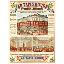 Affiche publicité Au Tapis Rouge Fleck Frères Paris 1872 façade grands magasins galeries intérieures Chaix