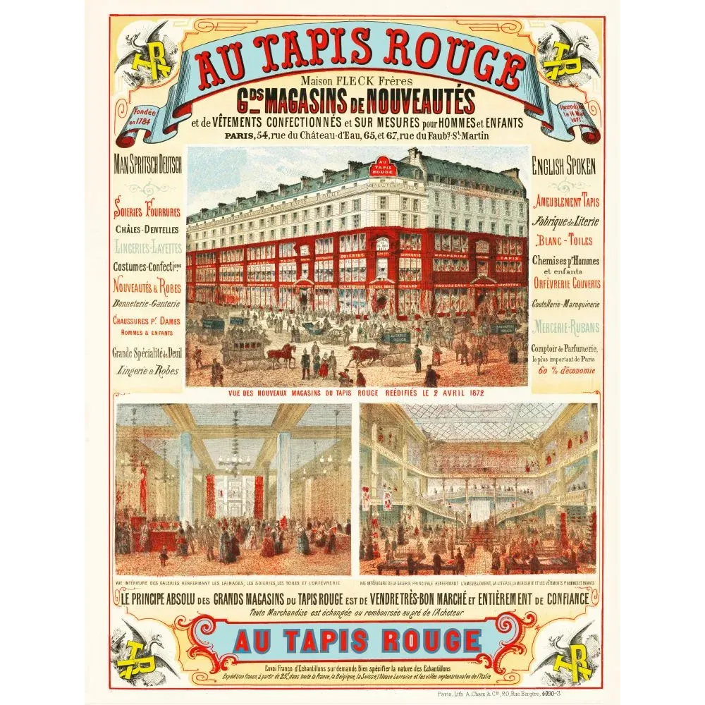 Affiche publicité Au Tapis Rouge Fleck Frères Paris 1872 façade grands magasins galeries intérieures Chaix