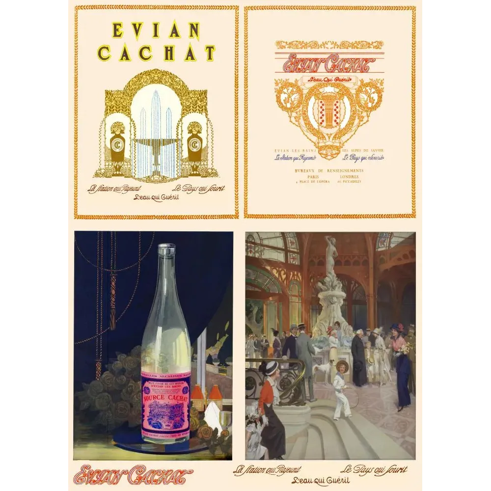 Document publicitaire Evian Cachat Source quadriptyque thermes Art Nouveau bouteille Evian-les-Bains Savoie