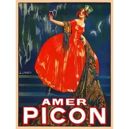 Affiche publicité Amer Picon G. Camps femme robe rouge écarlate verre levé traîne florale Art Déco