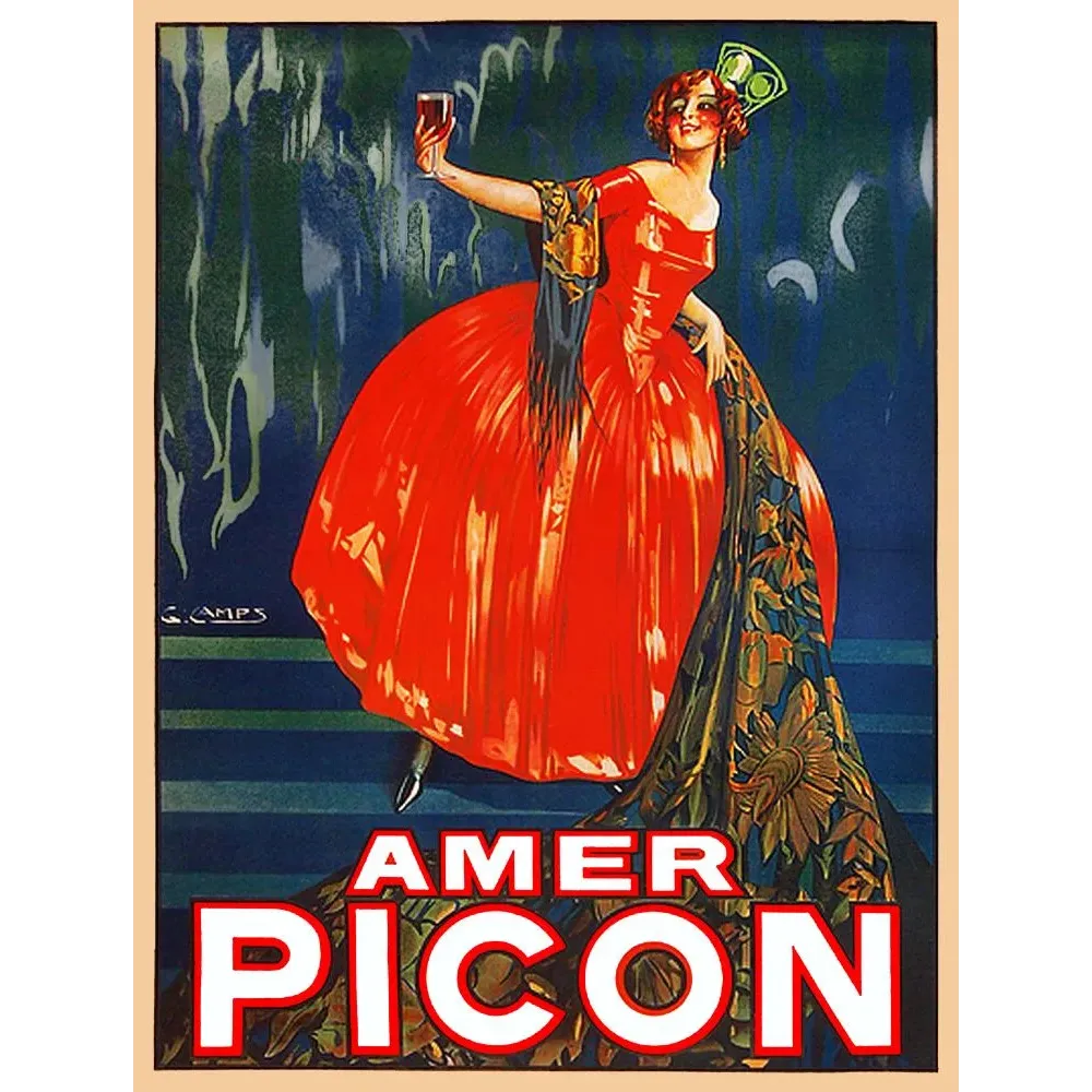 Affiche publicité Amer Picon G. Camps femme robe rouge écarlate verre levé traîne florale Art Déco
