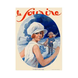 Couverture magazine Le Sourire aquarelle M. Millière joueuse golf rousse chapeau blanc caddie Art Déco