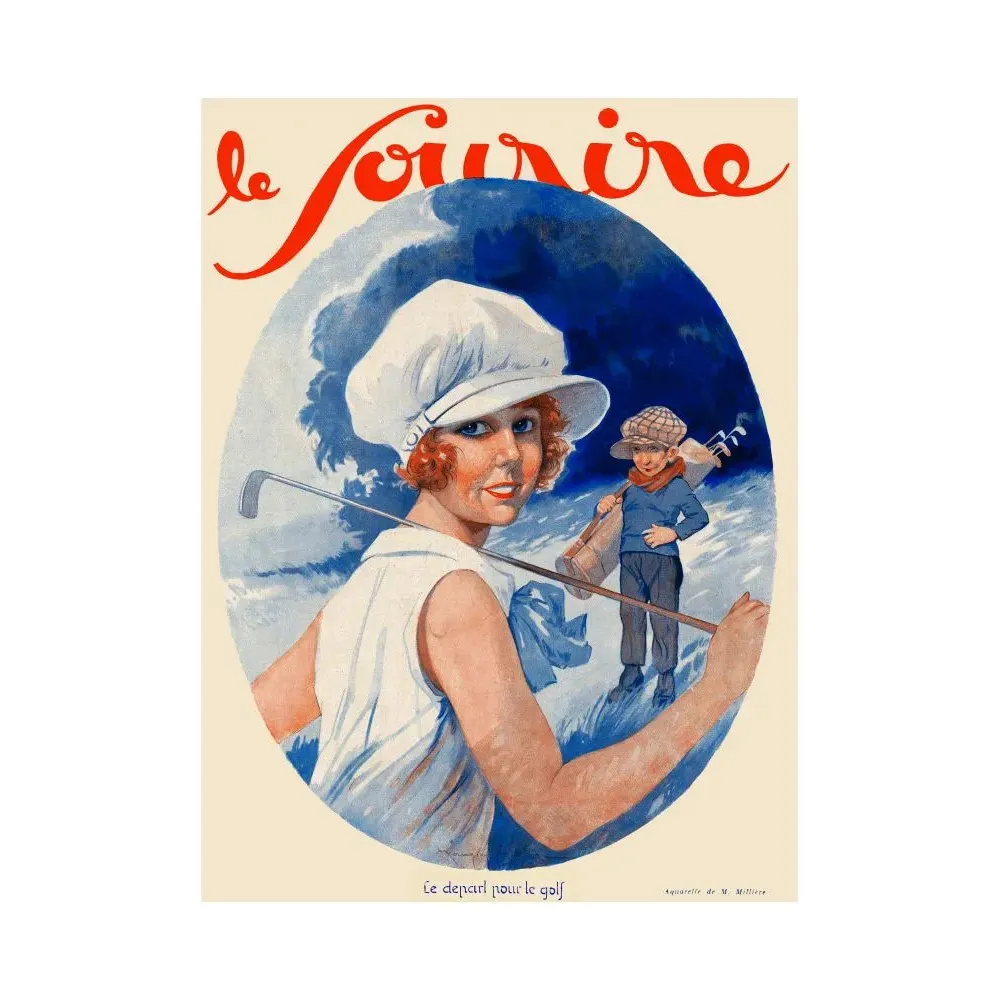 Couverture magazine Le Sourire aquarelle M. Millière joueuse golf rousse chapeau blanc caddie Art Déco Couverture magazine Le Sourire aquarelle M. Millière joueuse golf rousse chapeau blanc caddie Art Déco