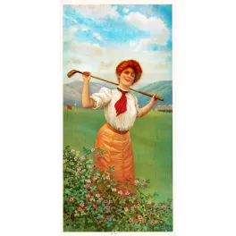 Illustration chromo Golf Girl femme rousse club golf green fleuri rosiers paysage campagne début XXe