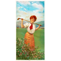 Illustration chromo Golf Girl femme rousse club golf green fleuri rosiers paysage campagne début XXe