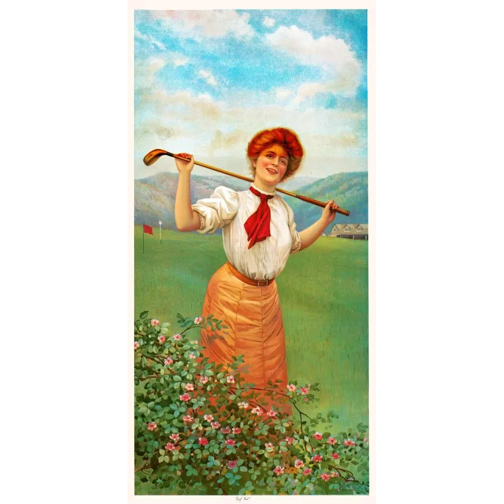 Illustration chromo Golf Girl femme rousse club golf green fleuri rosiers paysage campagne début XXe Illustration chromo Golf Girl femme rousse club golf green fleuri rosiers paysage campagne début XXe