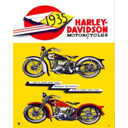 Document publicitaire Harley-Davidson 1935 modèles 74 45 Cubic Inch Twin fond jaune Art Déco logo
