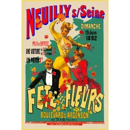 Affiche Fête des Fleurs Neuilly-sur-Seine 1892 boulevard Argenson élégante robe jaune dandy fleurs