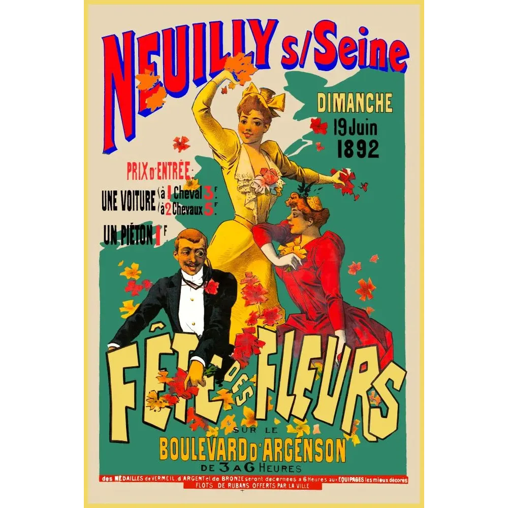 Affiche Fête des Fleurs Neuilly-sur-Seine 1892 boulevard Argenson élégante robe jaune dandy fleurs Affiche Fête des Fleurs Neuilly-sur-Seine 1892 boulevard Argenson élégante robe jaune dandy fleurs