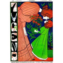 Couverture magazine Jugend n°40 1896 Jugendstil deux femmes rousses roses rouges fond bleu G. Hirth Munich