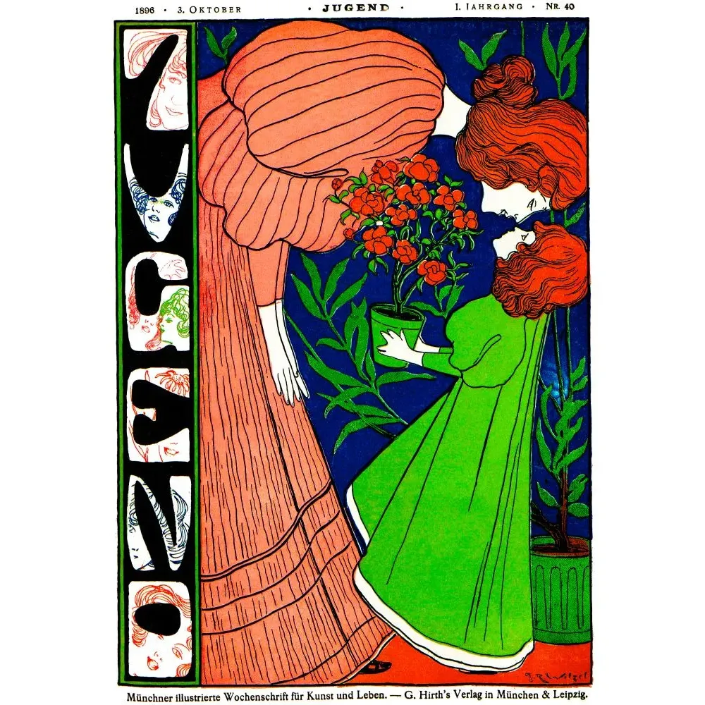 Couverture magazine Jugend n°40 1896 Jugendstil deux femmes rousses roses rouges fond bleu G. Hirth Munich Couverture magazine Jugend n°40 1896 Jugendstil deux femmes rousses roses rouges fond bleu G. Hirth Munich