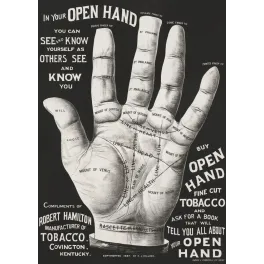 Affiche publicité Open Hand Tobacco chiromancie 1887 Robert Hamilton Covington Kentucky main annotée lithographie