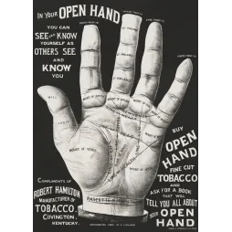 Affiche publicité Open Hand Tobacco chiromancie 1887 Robert Hamilton Covington Kentucky main annotée lithographie