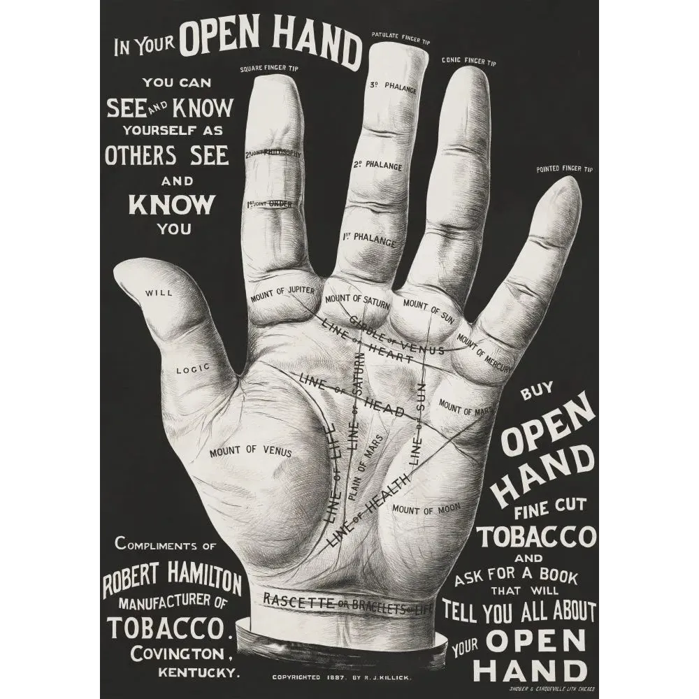 Affiche publicité Open Hand Tobacco chiromancie 1887 Robert Hamilton Covington Kentucky main annotée lithographie