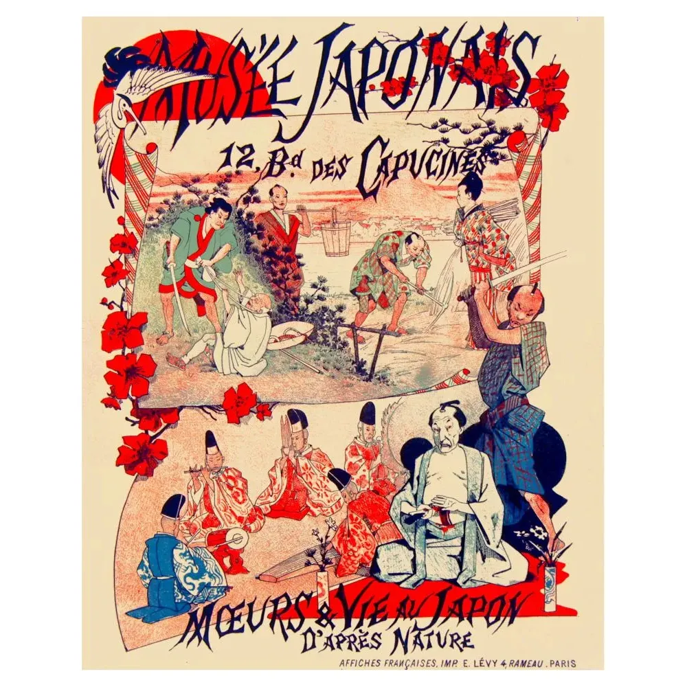 Affiche Musée Japonais 12 boulevard Capucines Paris mœurs vie Japon cerisiers héron japonisme Affiche Musée Japonais 12 boulevard Capucines Paris mœurs vie Japon cerisiers héron japonisme