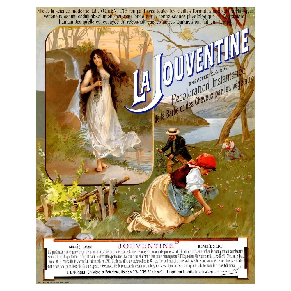 Affiche publicité La Jouventine teinture végétale cheveux barbe L.J. Monnet Beaurepaire Isère femme champêtre