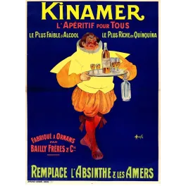 Affiche publicité Kinamer apéritif quinquina Arlequin serveur Haudiville Bailly Frères Ornans Vendel Paris